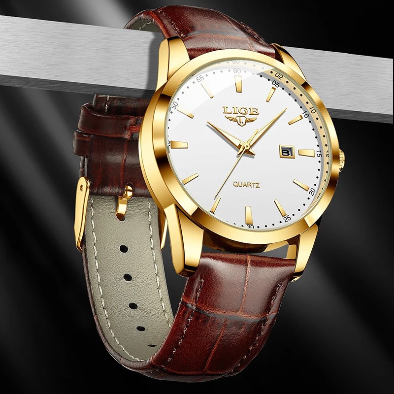 LIGE Men’s Quartz Watch Leather Strap Sport Casual Waterproof Luminous