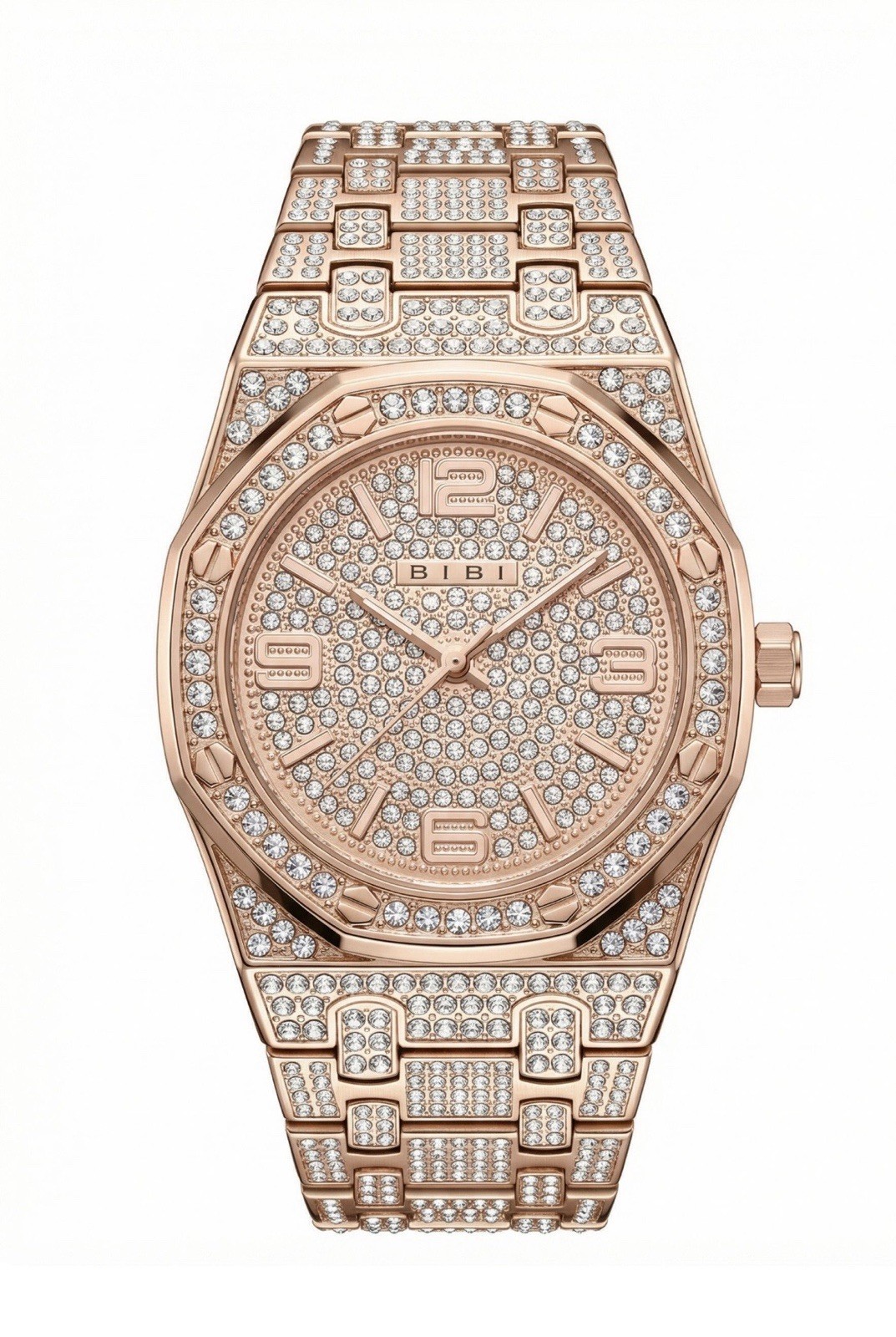 BIBI Luxury Diamond Pattern Octagon Rose Gold Wristwatch Gemstone Markers