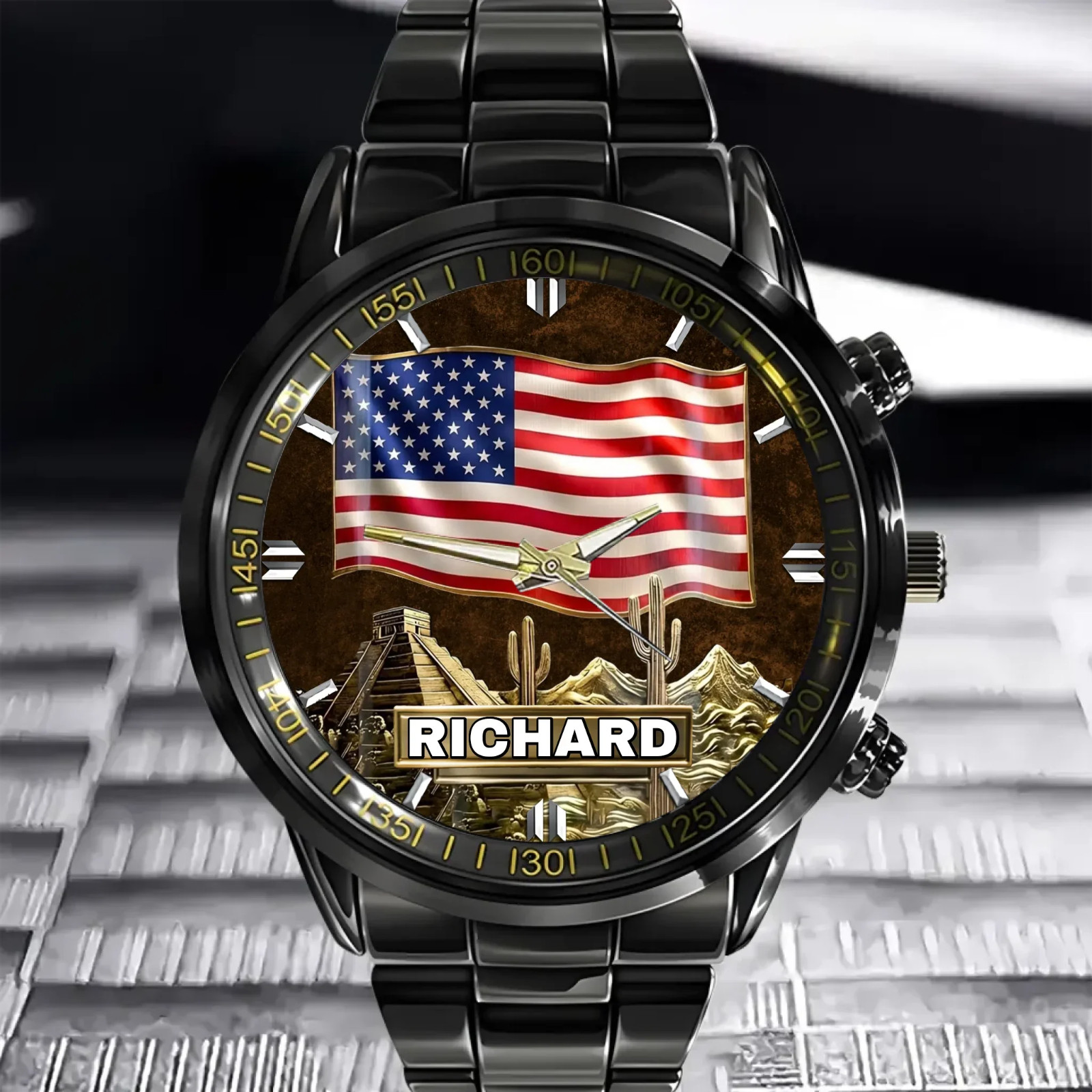 Personalized Proud American Patriotic USA Men Black Stainless Steel Watch Gift