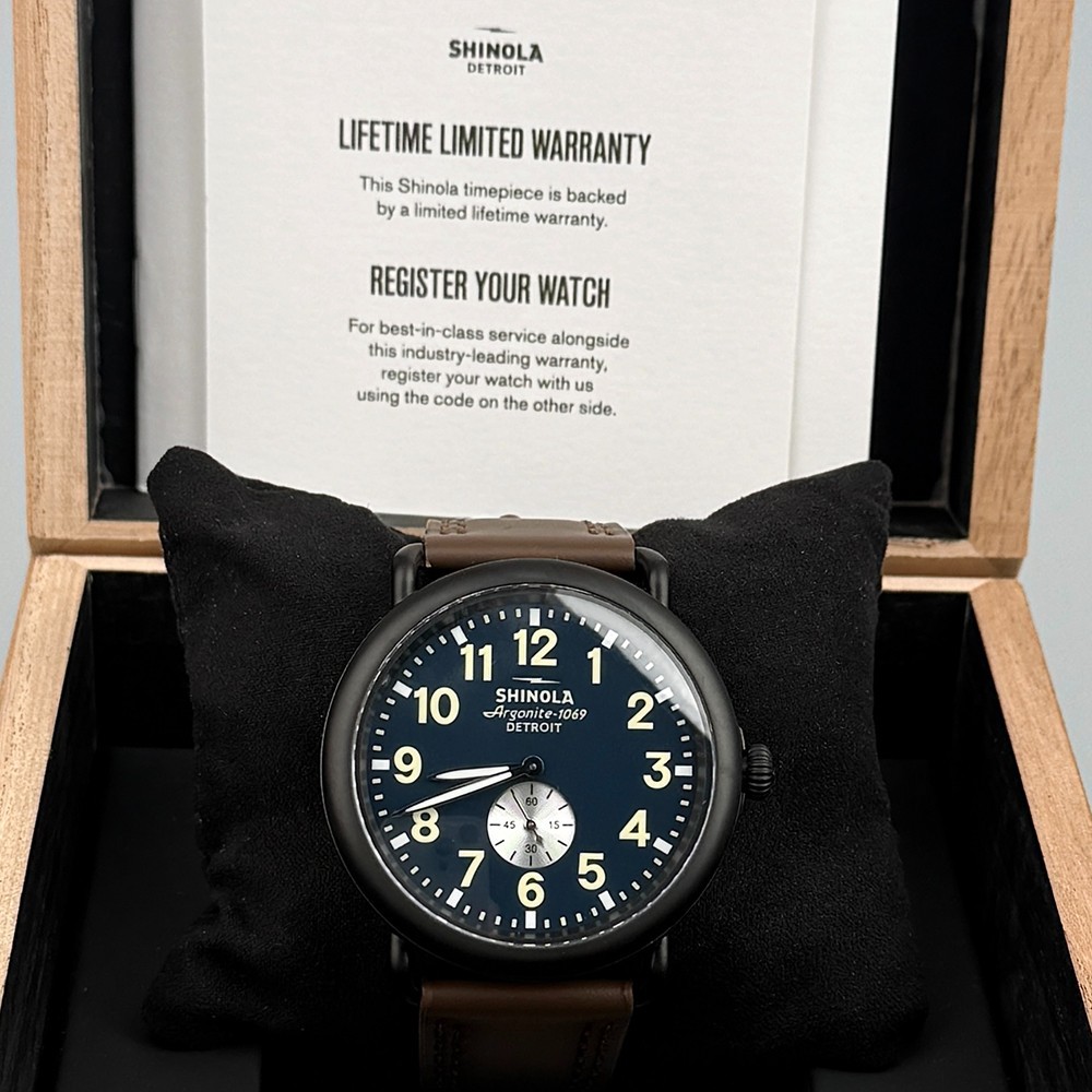 Men’s Shinola Runwell Argonite 1069 Blue Dial Brown Strap Quartz Watch 47mm