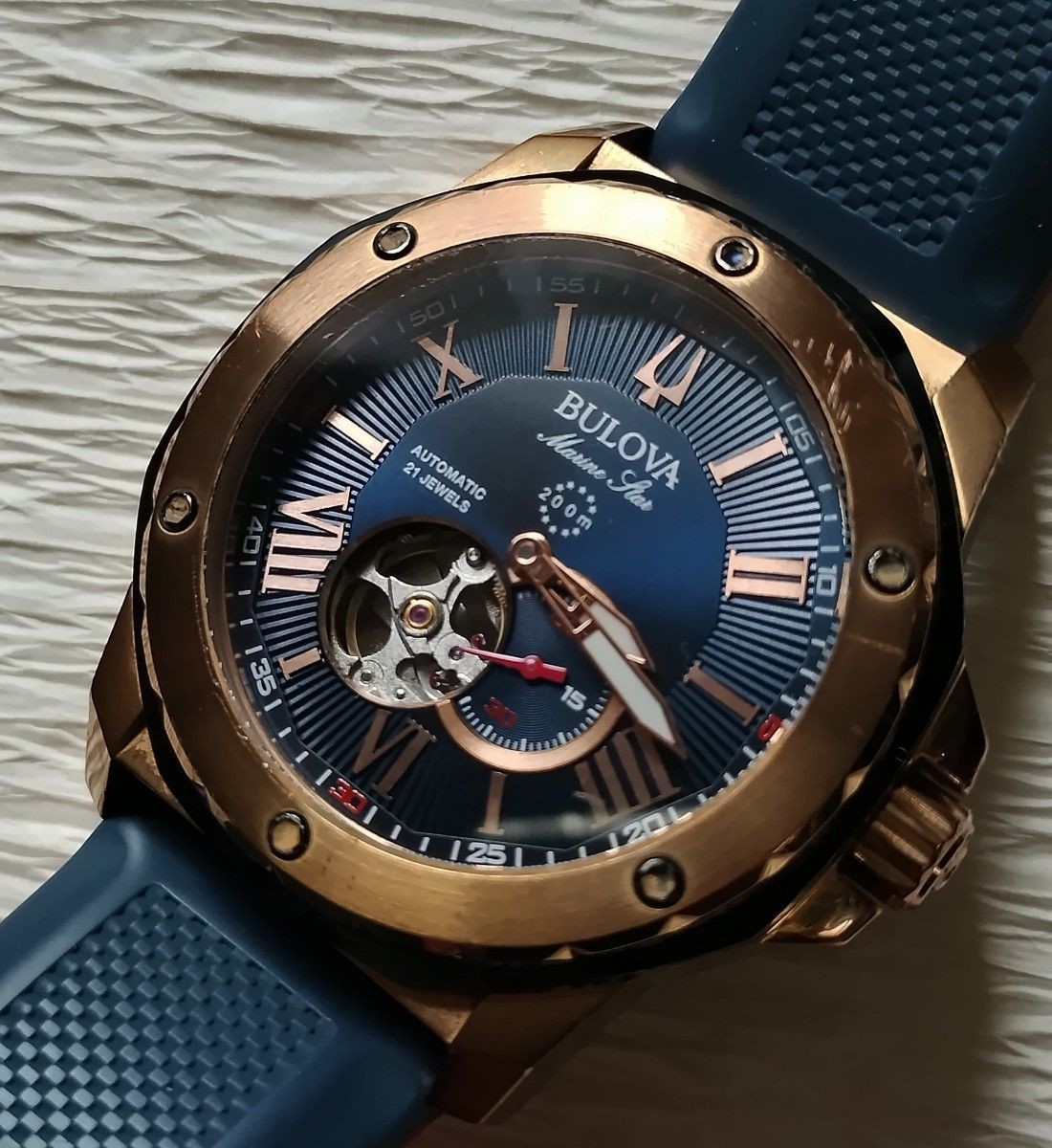 Working Bulova Marine Star Automatic 21 Jewels Rose Gold Navy Open Heart 98A227
