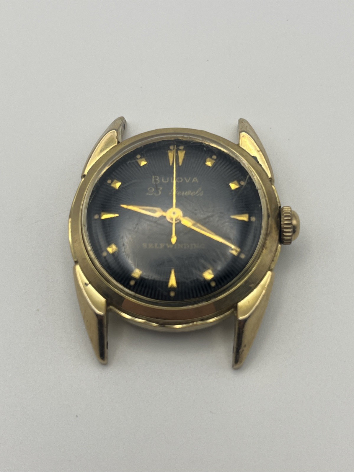 Vintage 1959 Bulova Black Dial Gold Tone 23 Jewels 10BPAC Automatic Running Face