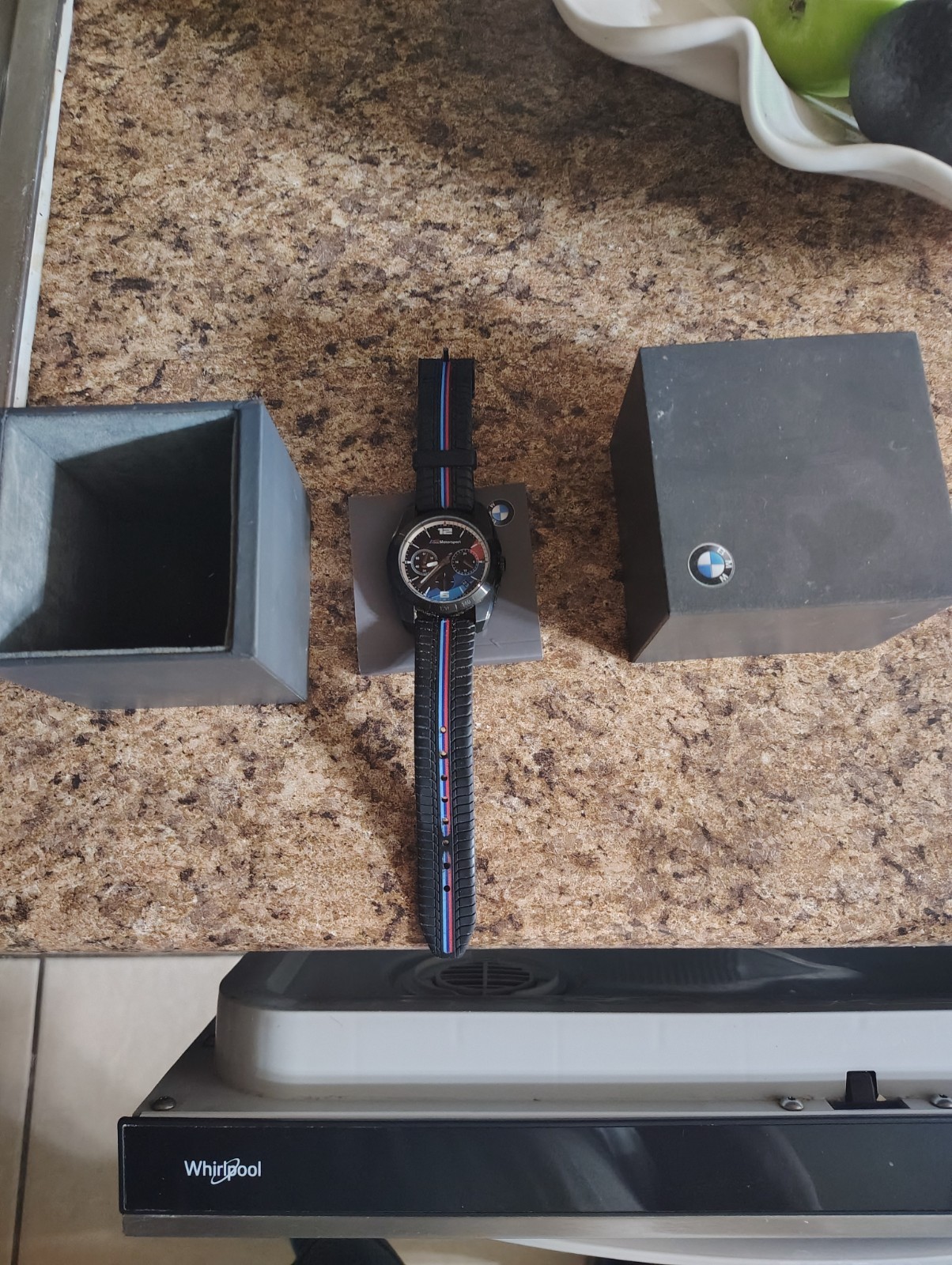 BMW Motorsport Chronograph Quartz Black Dial Leather Strap Watch w/ Box 100m