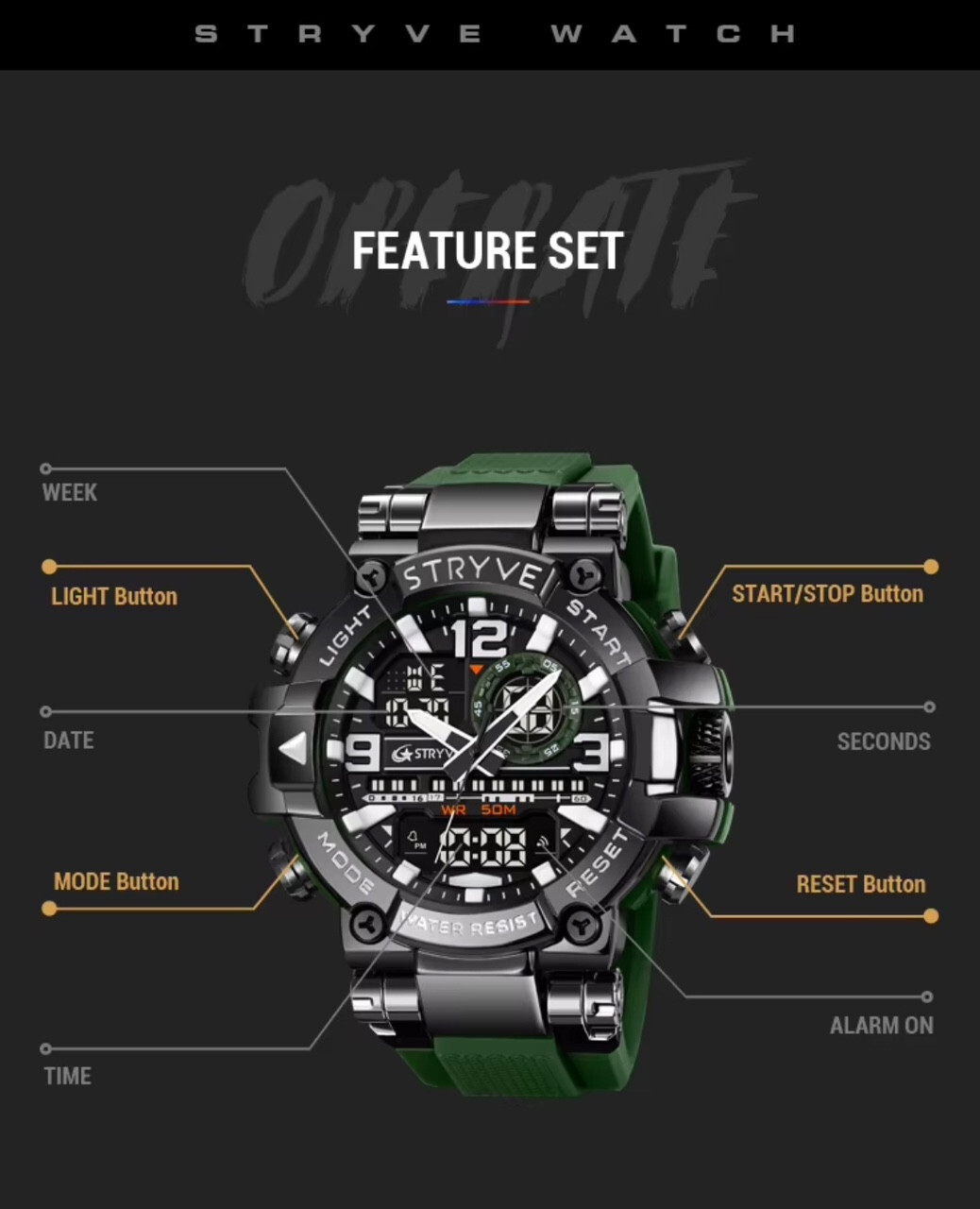 Men Oversize Waterproof Shock Resistant Digital Sport Dual Time WRIST WATCH 55mm