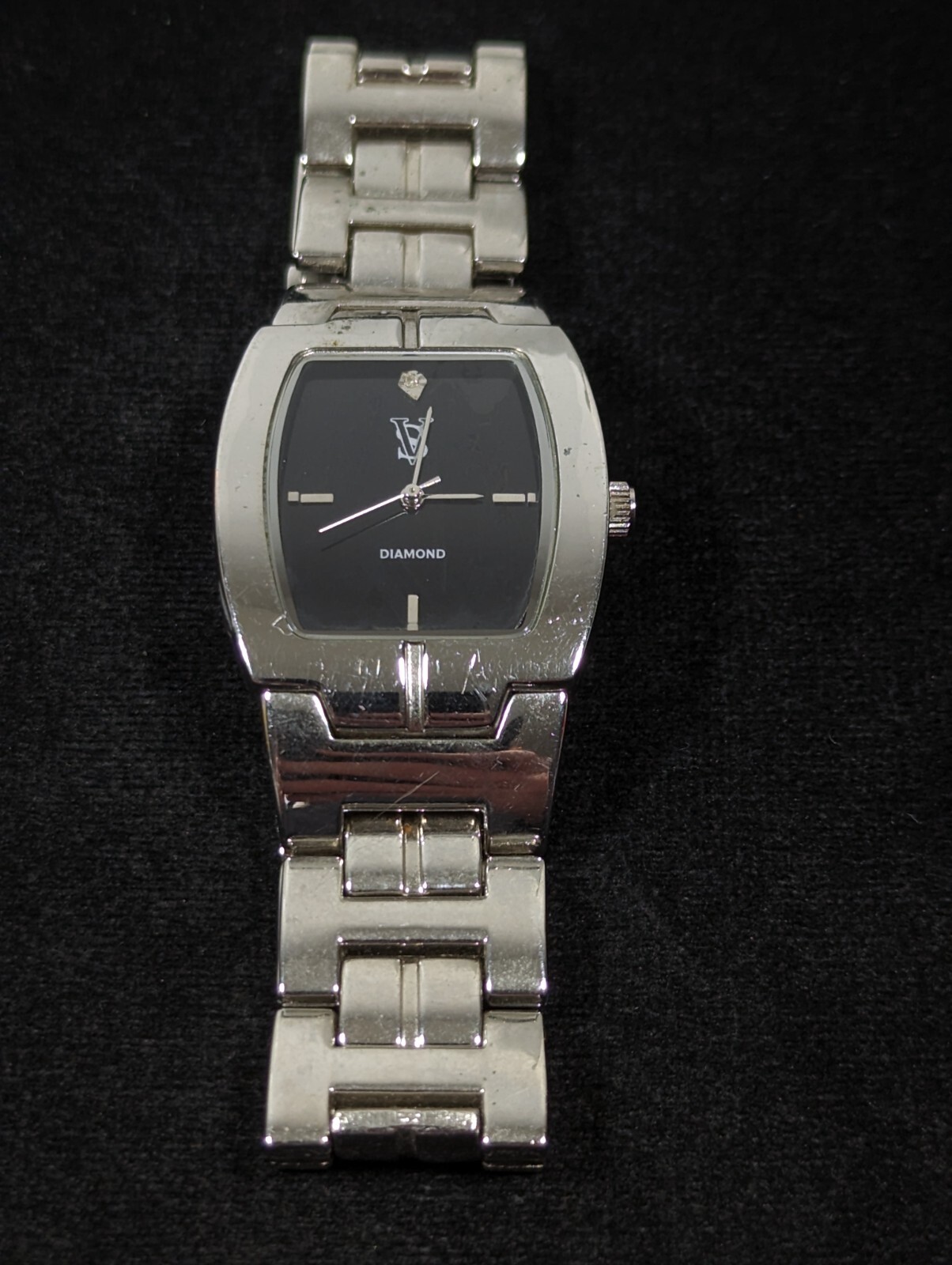 Mens VS Black Dial Silver Tone Rectangle Case Stainless St Link Band Watch 8.5in
