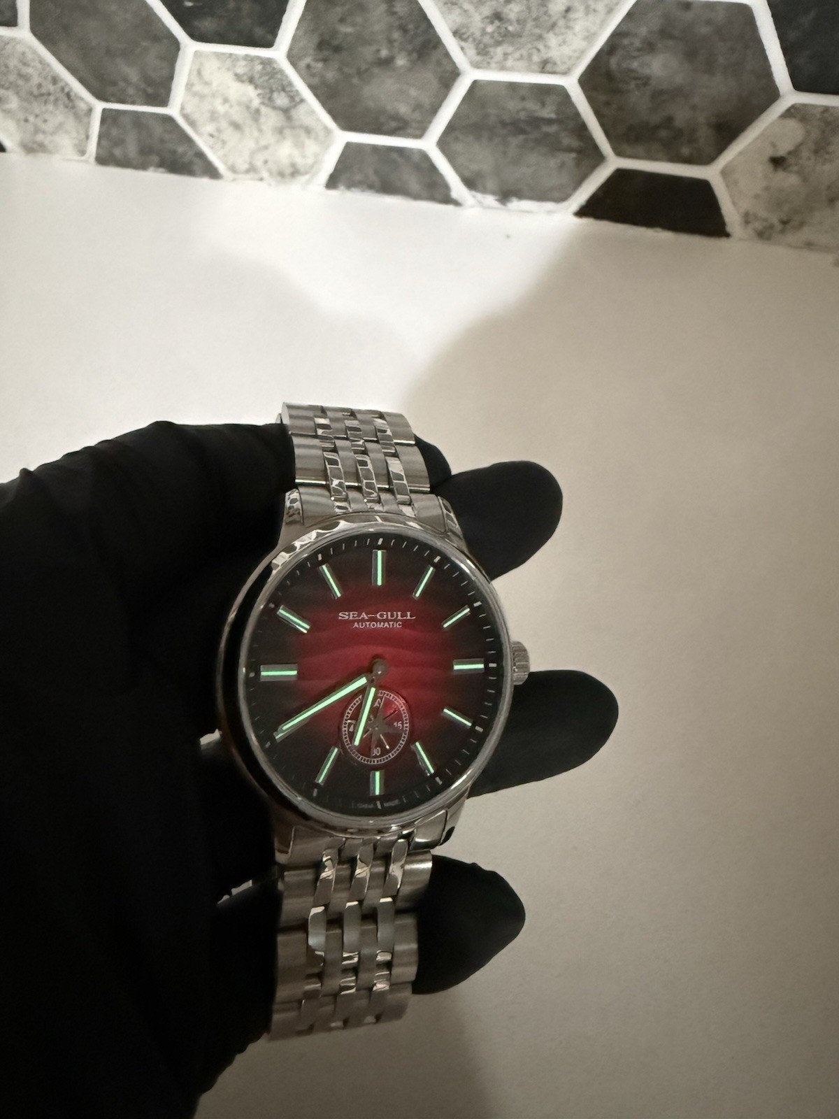 Seagull Automatic Mechanical Red/Black Dial Lume Small Sec SS Bracelet 50m