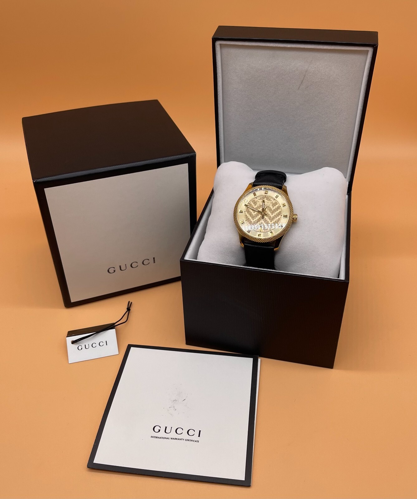 GUCCI Eryx 40MM Gold Guillochè Dial BLK Leather Men’s Watch YA126340