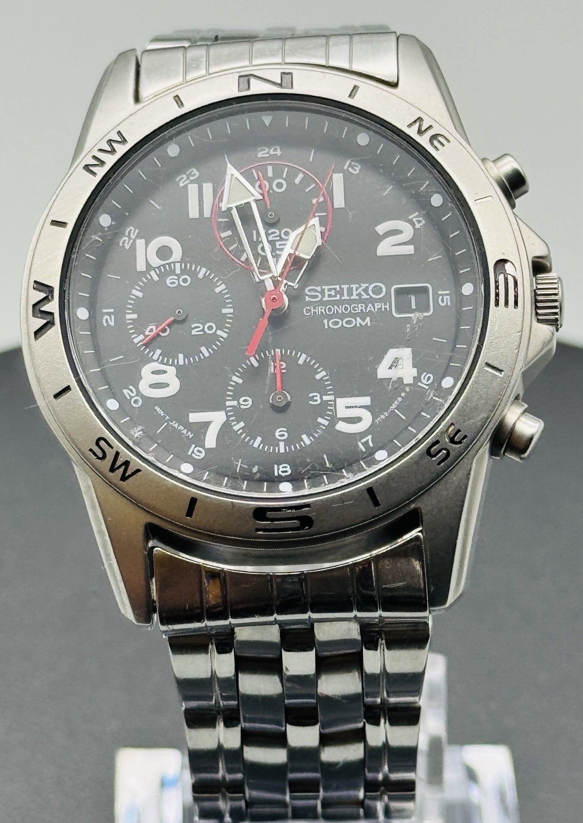Seiko Watch Chronograph Black Dial Compass Bezel 100M Stainless Steel SND375P1