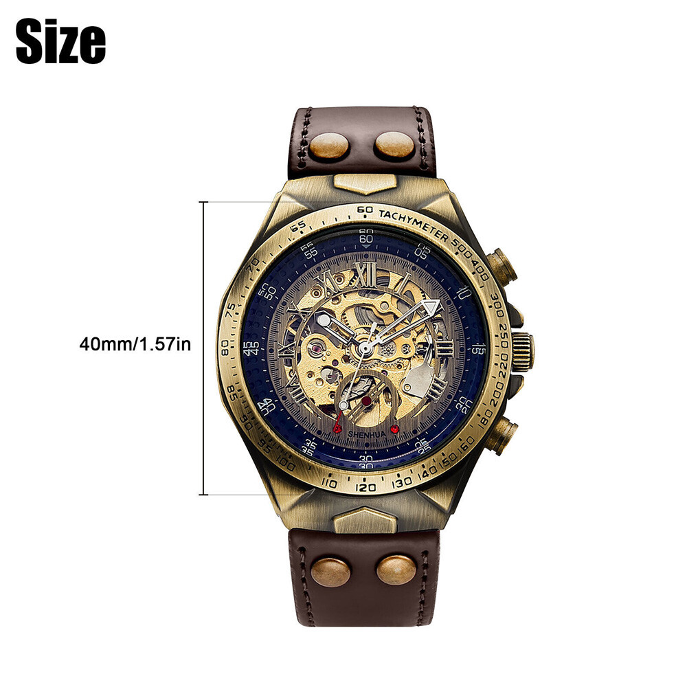 Luxury Men’s Automatic Mechanical Wrist Watch Leather Strap Retro Skeleton Style