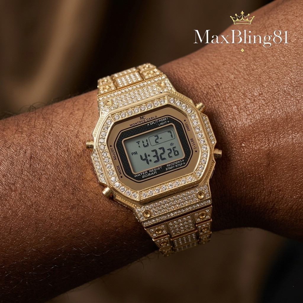 UNISEX WATCH DIGITAL ICED STAINLESS STEEL BLING CZ METAL BAND DATE ALARM LIGHTS