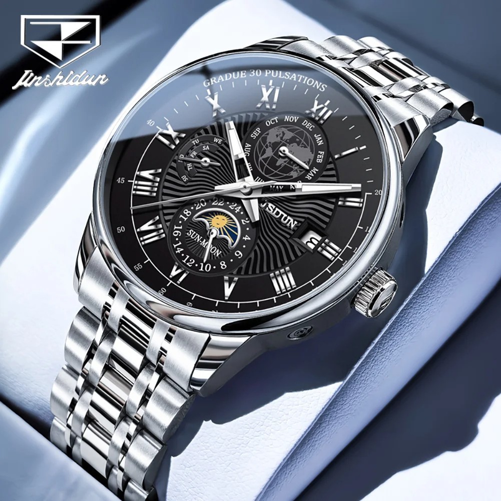 Automatic Mechanical Watch Men’s Waterproof Moon Phase Date Luxury Men Strap