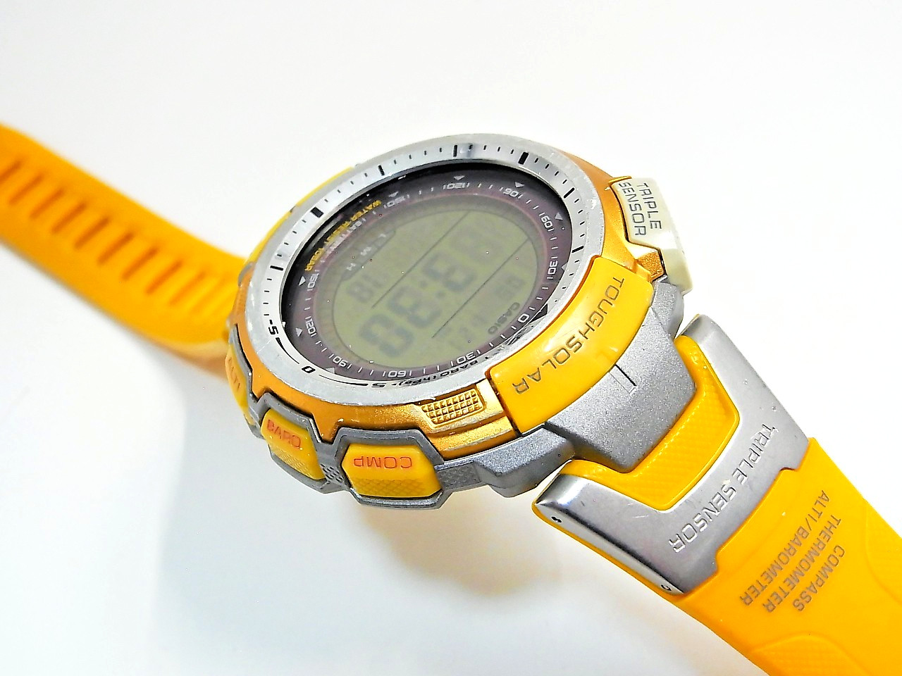 Working Casio Men’s Watch Yellow Pro Trek PRG-110CJ Tough Solar Triple Sensor