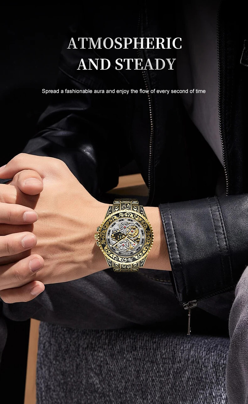 Automatic Mechanical Watch For Men Retro Luminous Stainless Steel Strap Reloj