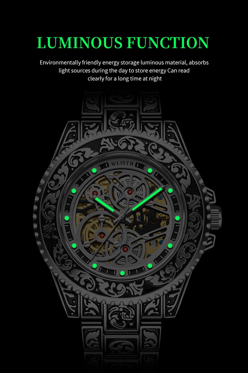 Automatic Mechanical Watch For Men Retro Luminous Stainless Steel Strap Reloj
