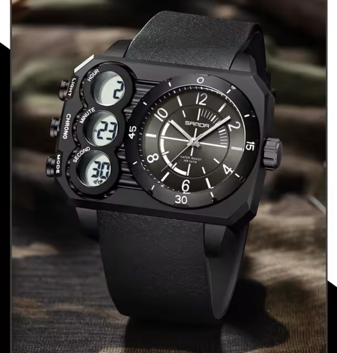 Men’s sports electronic watch with dual display, waterproof, LED night light.