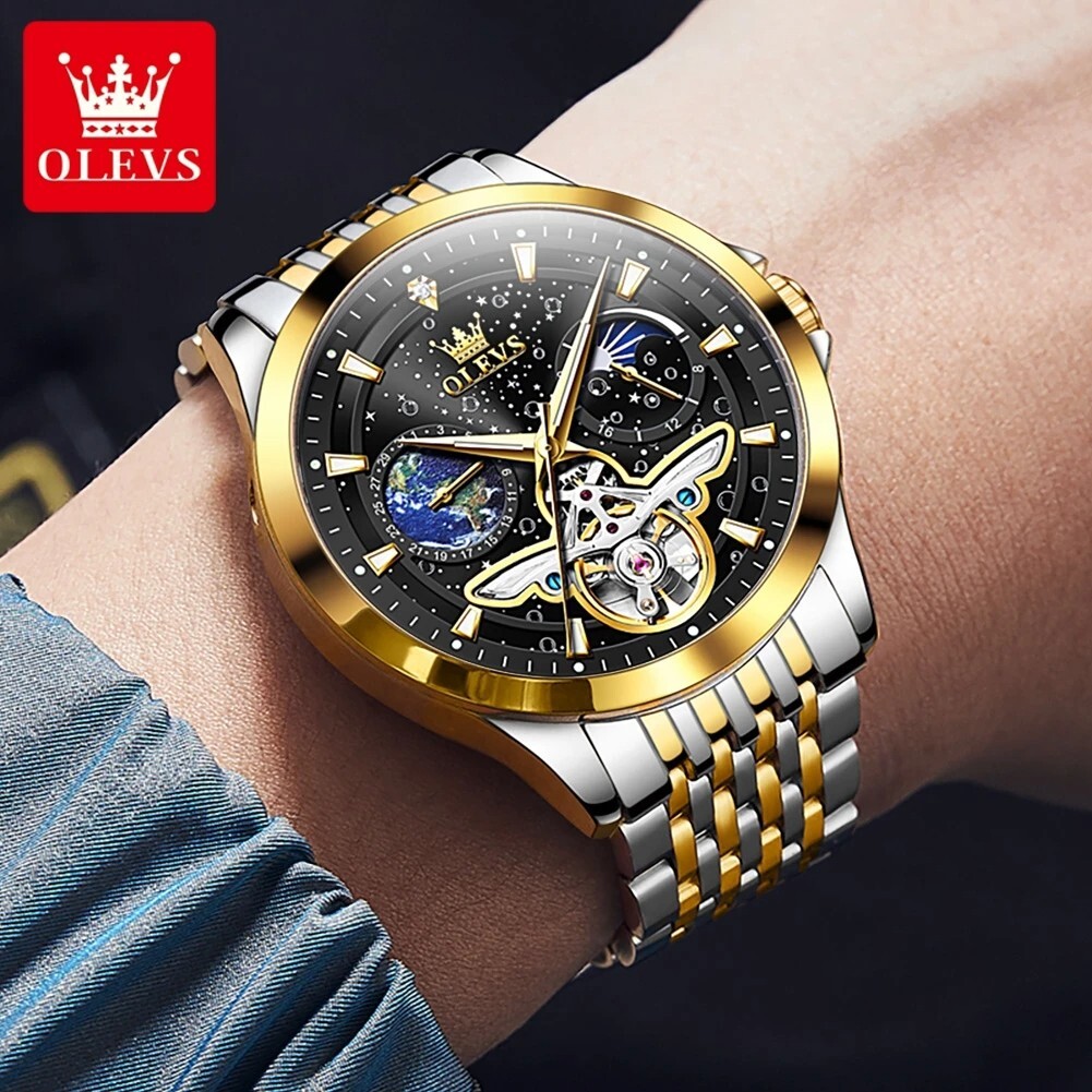 Automatic Mechanical Waterproof OLEVS Luxury Watch Men Moon Phase Mens Strap