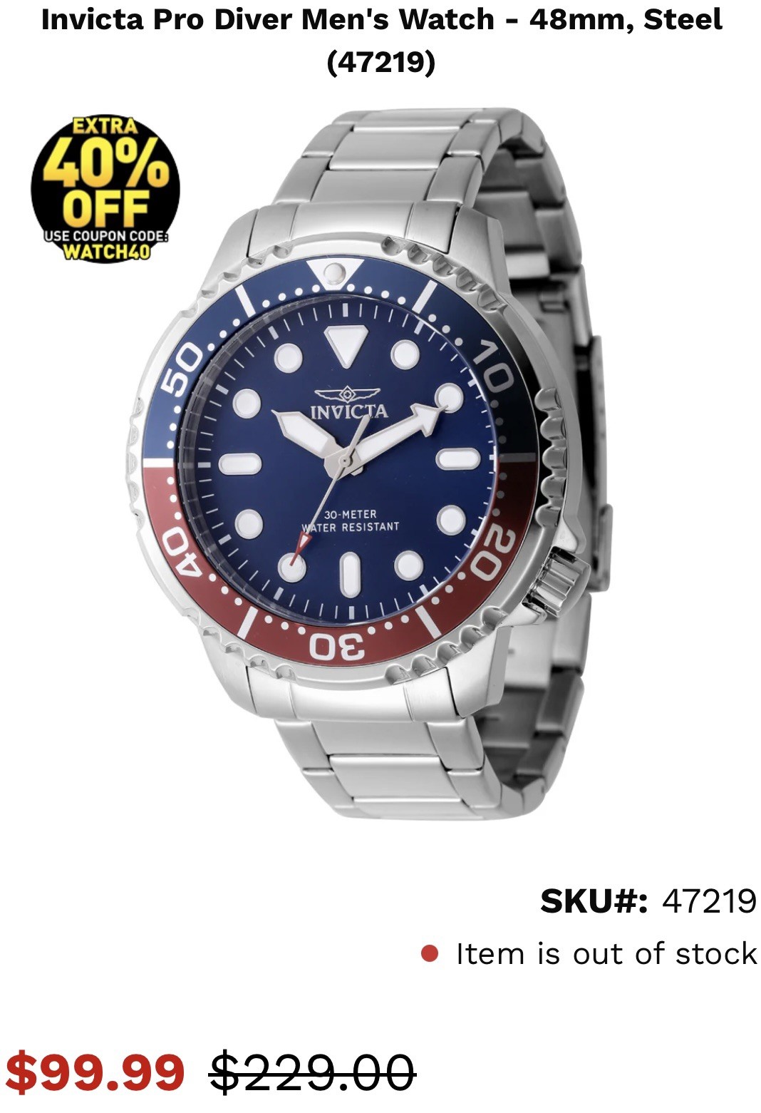 Invicta Pro Diver Marisdrift Men’s Watch Blue Dial Red/Blue Bezel – 48mm 47219