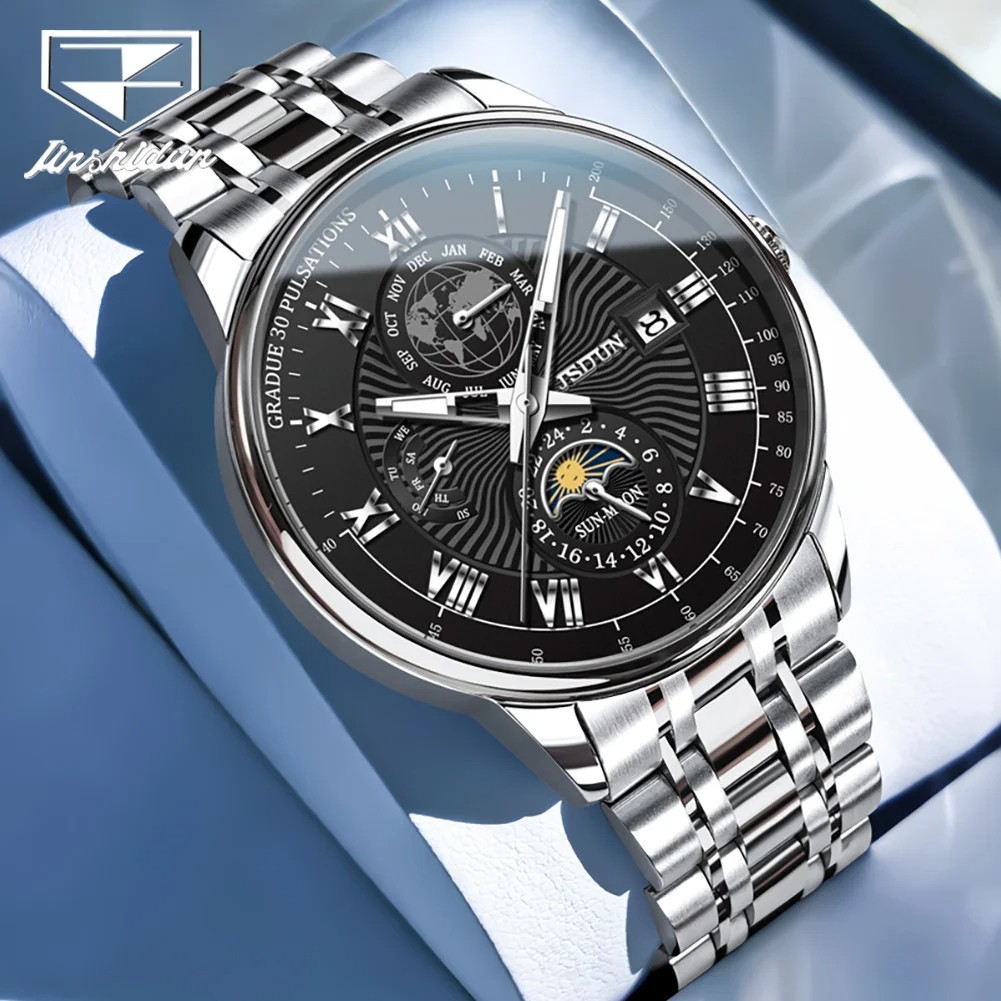 Automatic Mechanical Watch Men’s Waterproof Moon Phase Date Luxury Men Strap