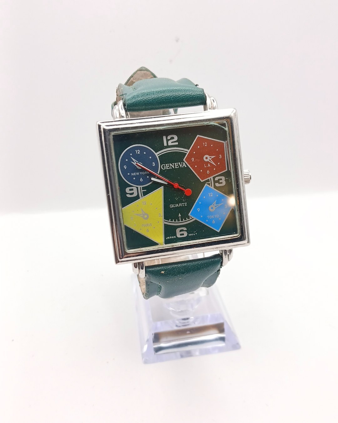 Geneva Multi-Time Zone Watch Square Face Dark Green Strap Novelty Retro Style