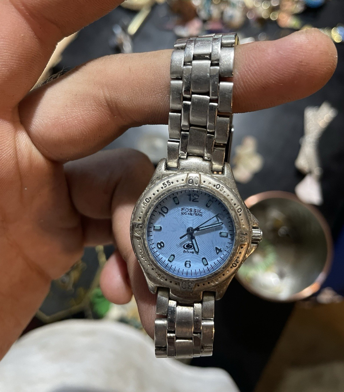 Fossil Blue Quartz Analog Watch Blue Dial Date 100m SS Silver Bracelet
