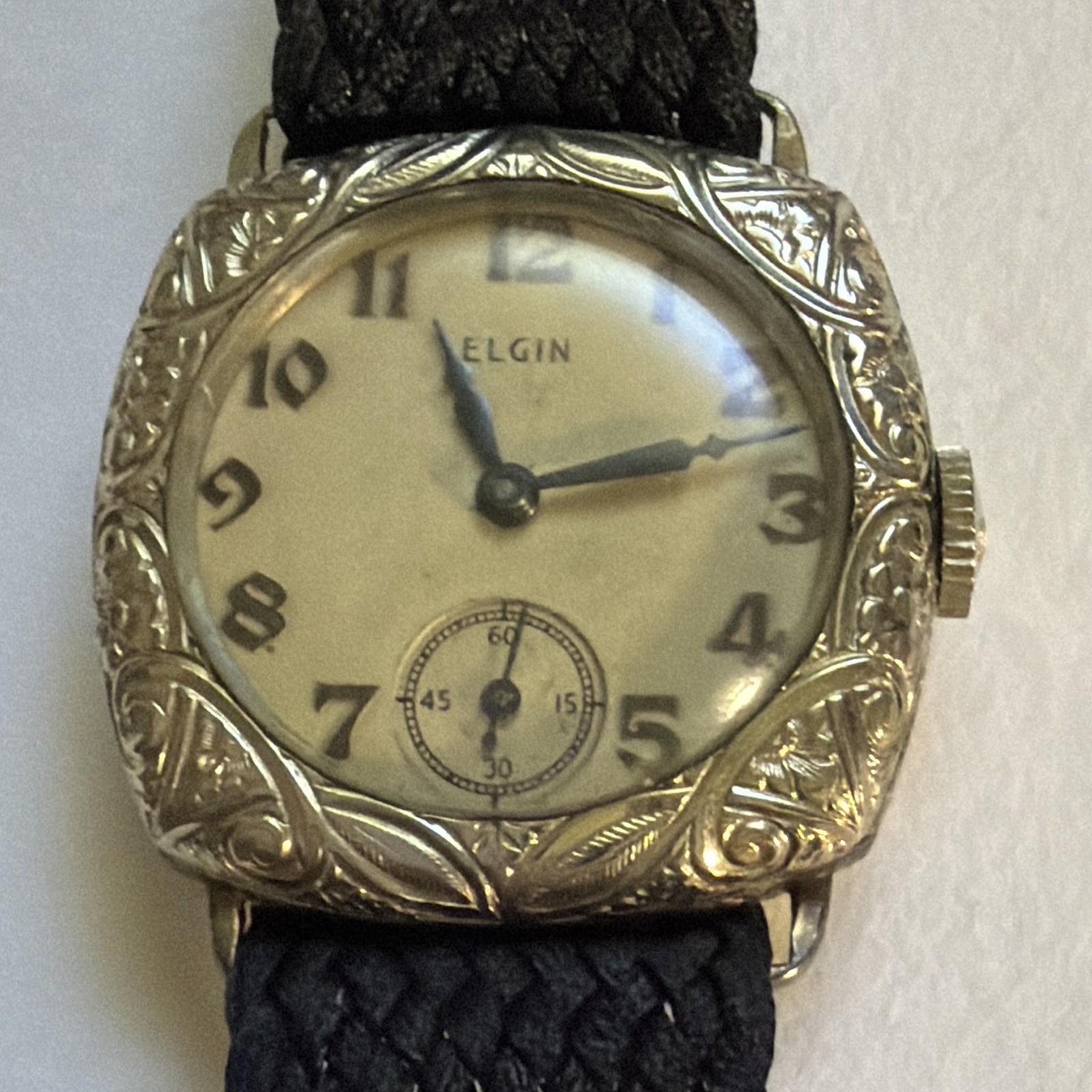 Elgin Vintage Art Deco Mechanical Small Seconds White Arabic Dial Black Nylon
