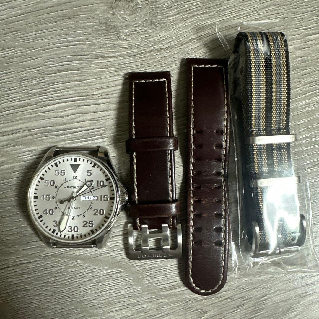 Hamilton Khaki Pilot H646110 Silver Day Date Quartz Watch OEM Leather 2 Extra JP