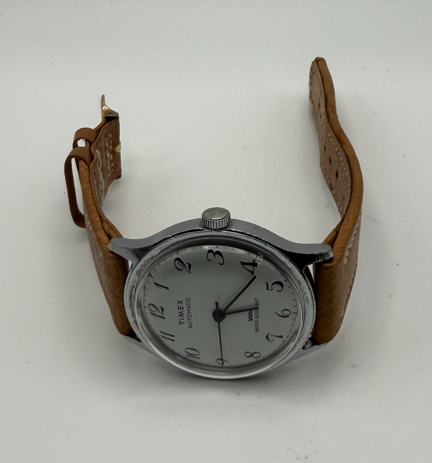 Timex Automatic Mechanical Analog Water Resistant Brown Leather White Dial Watch