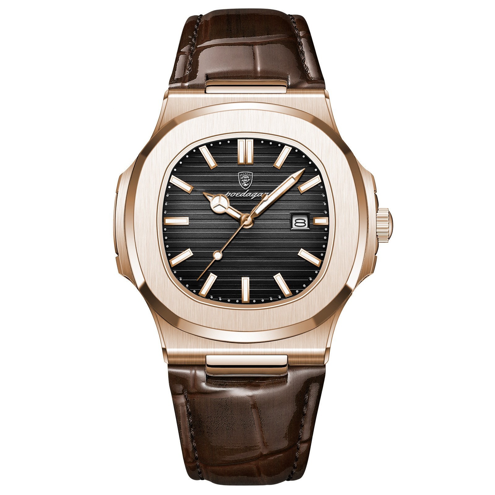 POEDAGAR Men Square Watch Textured Dial Leather Strap Luminous Waterproof Quartz