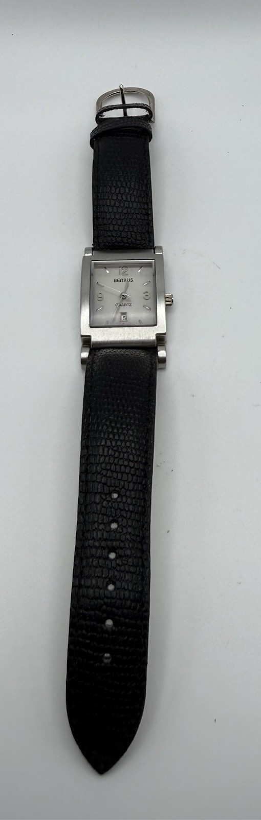 Benrus Quartz Vintage Rectangle Silver Dial Date Black Leather Strap Watch