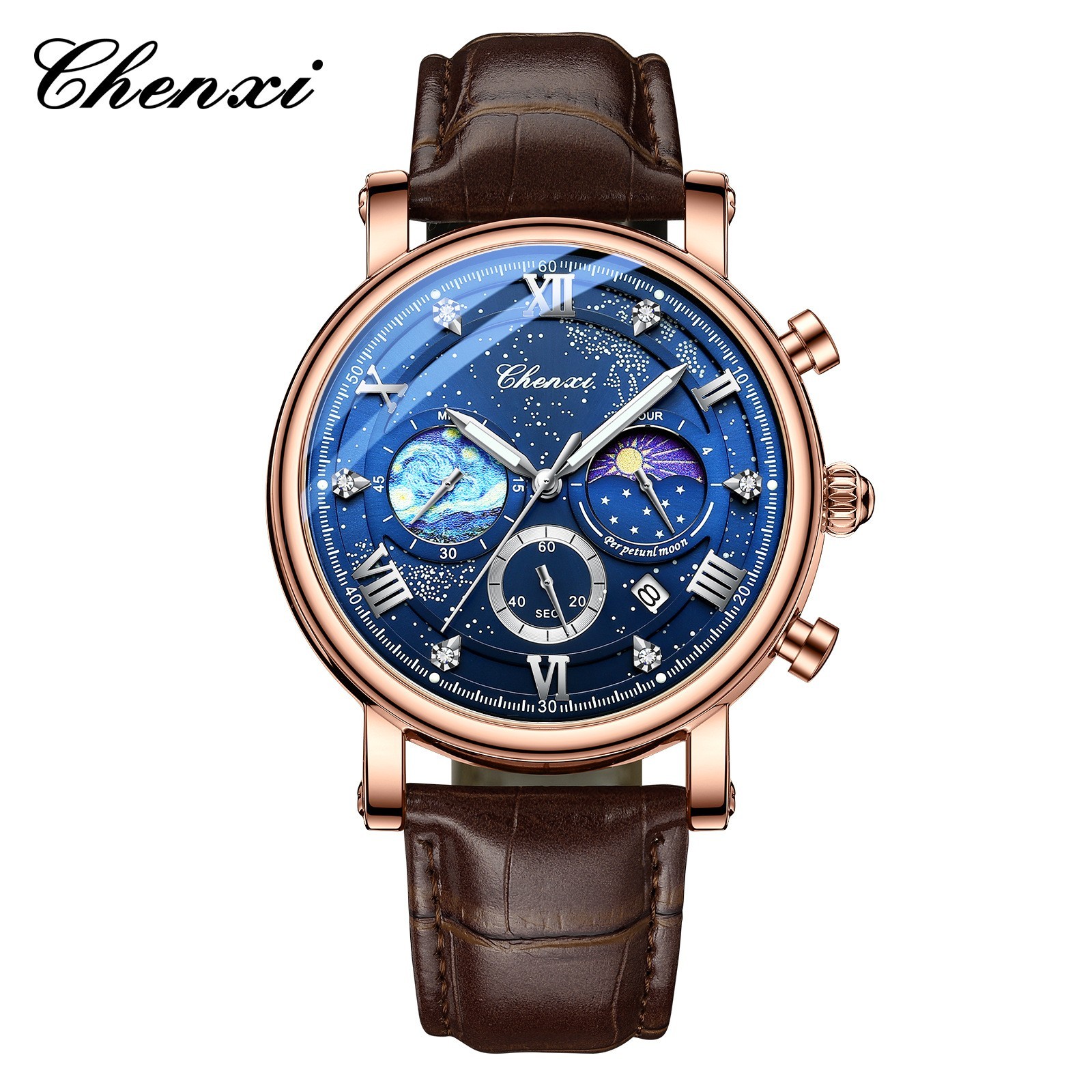CHENXI Men’s Luminous Dial Calendar Chronograph Moon Phase Business Quartz Watch