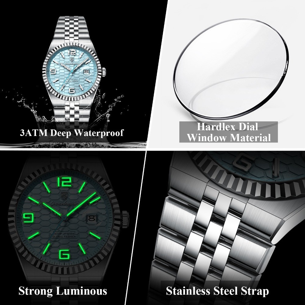 POEDAGAR Men Waterproof Luminous Date Luxury Stainless Steel Quartz Watch