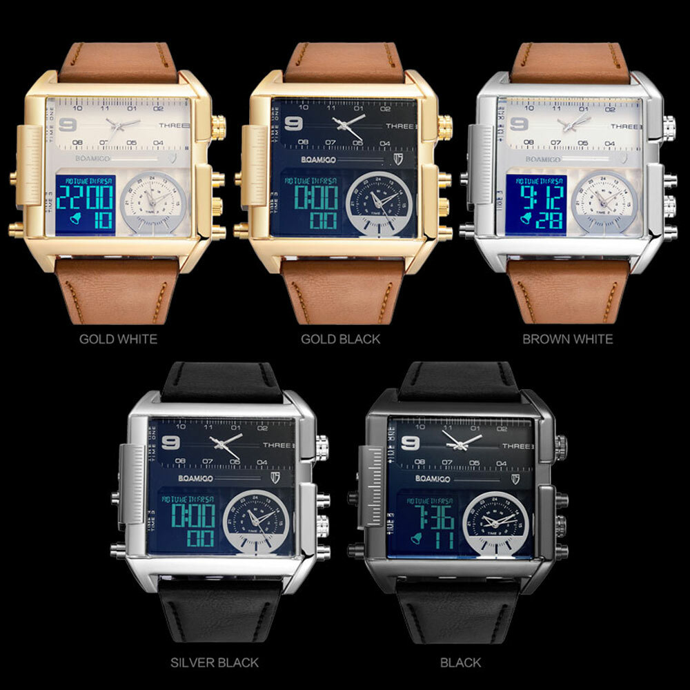 BOAMIGO Dual Display Quartz Leather Wristband 3 Time Zone Watch FAST US SHIPPING