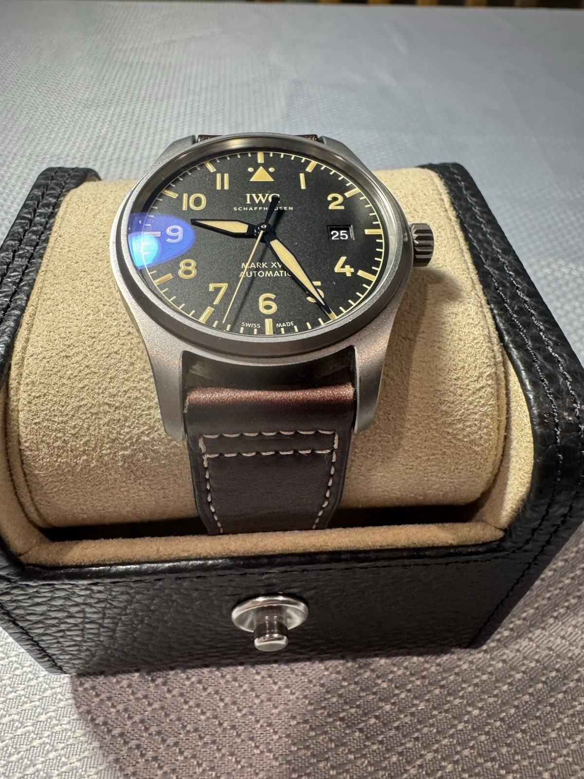 IWC Pilot’s Watch Mark XVIII Titanium Black Dial Date Brown Leather Strap