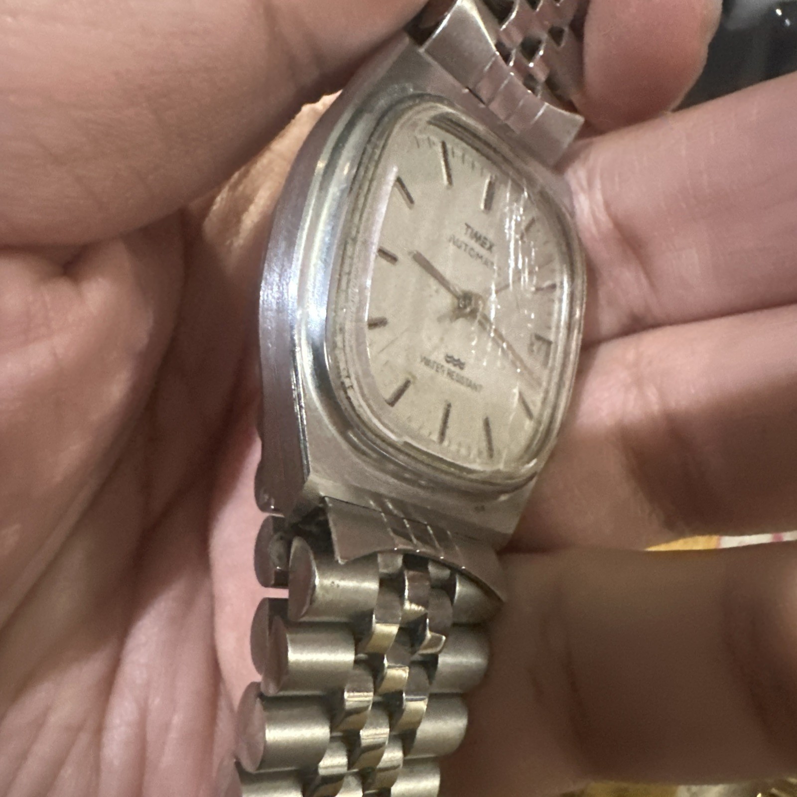 Working Vintage Timex Automatic Mens watch Silver Tone Steel 34mm Fit 7.5 Runs