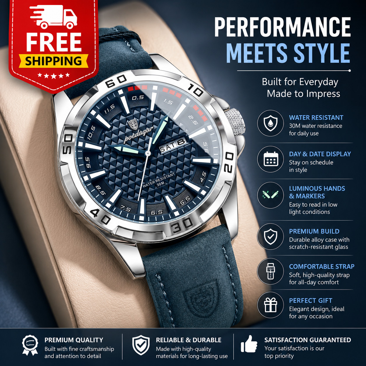 POEDAGAR Men’s Luxury Quartz Watch Waterproof Luminous Date Week Sport Leather