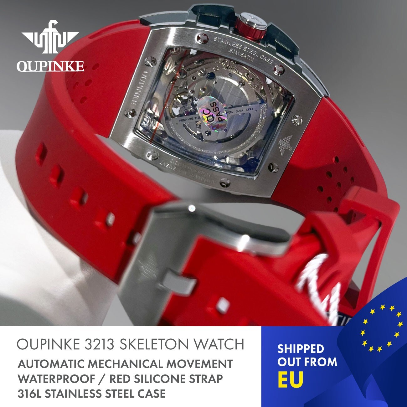 OUPINKE 3213 Skeleton Automatic Mechanical Waterproof Watch . Red edition.