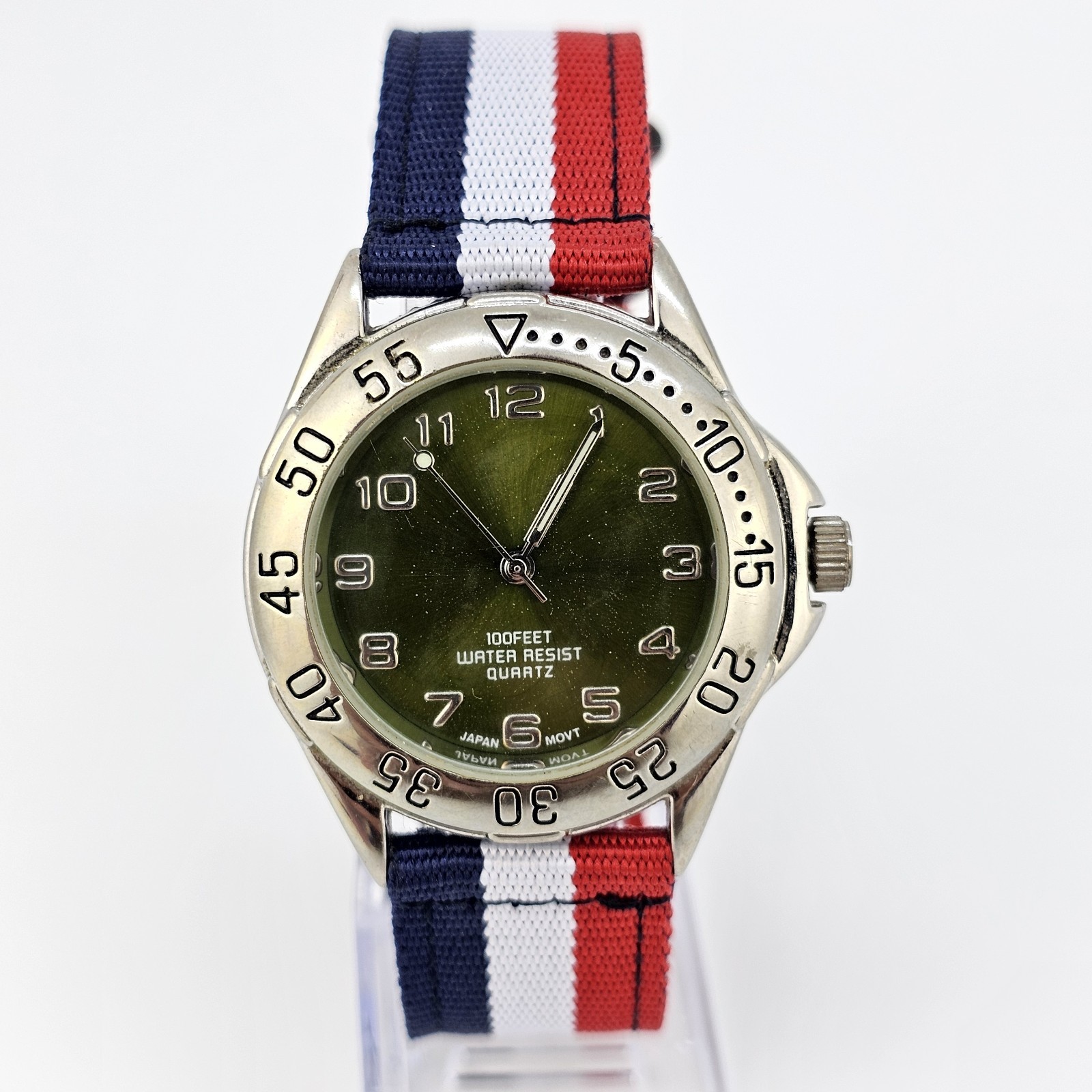 Men’s Analog Watch 38MM Green Dial NEW Multicolor Nylon Bands NEW Battery