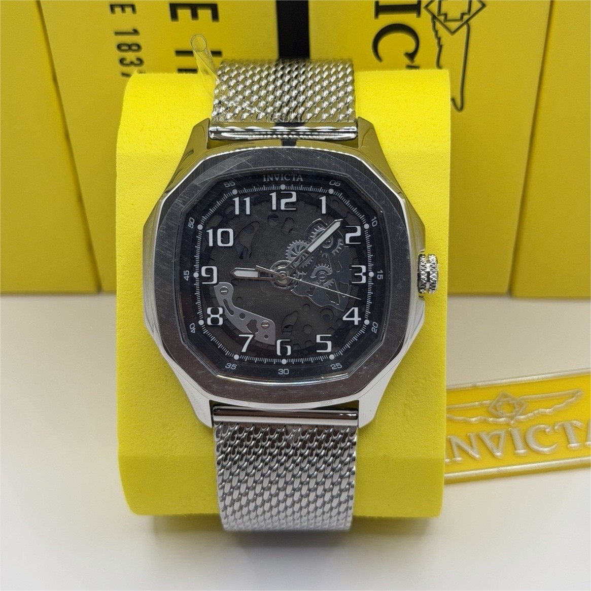 Invicta Men’s Automatic Skeleton Dial Watch – Black/Gray, Steel Bracelet