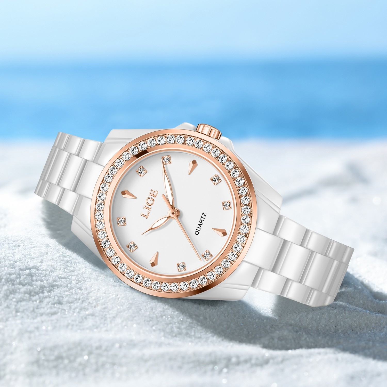 LIGE Ladies Watch Quartz Ceramic Strap Luminous Waterproof Women Wristwatch Gift