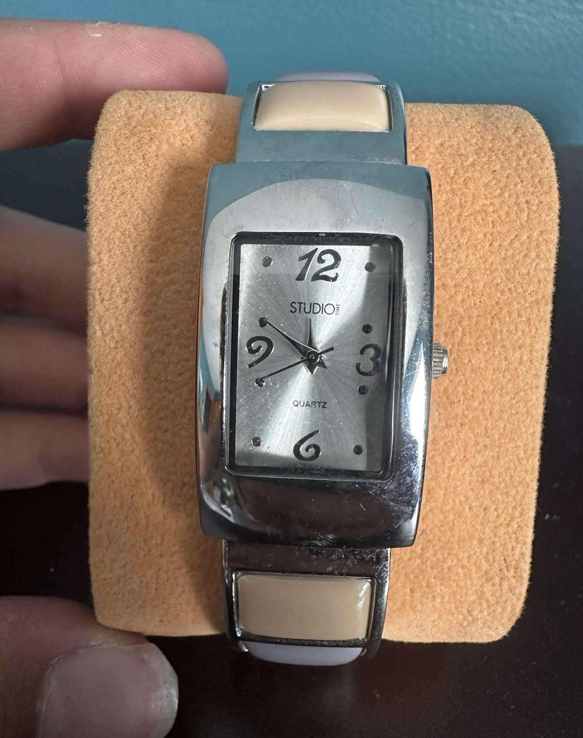 Studio Studio Time Quartz Silver-Tone Rectangle Dial Beige/Silver Bangle Watch