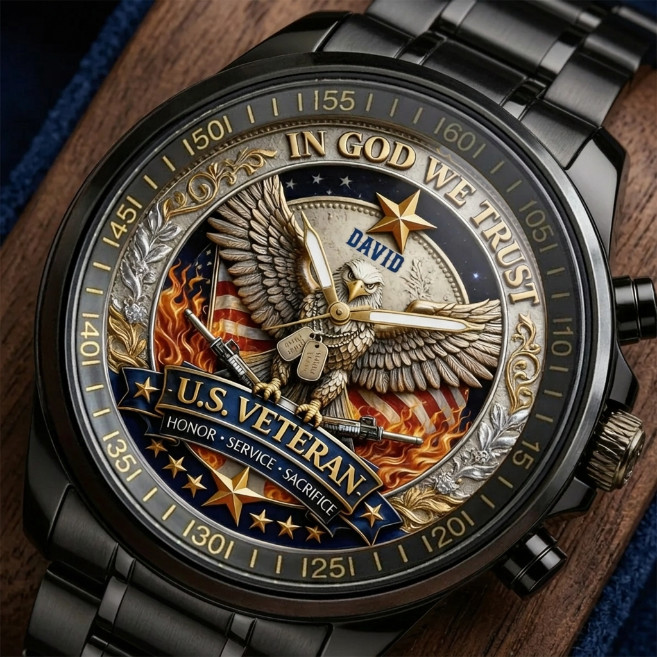 Personalized US Veteran In God We Trust 250 Years Black Stainless Steel Watch