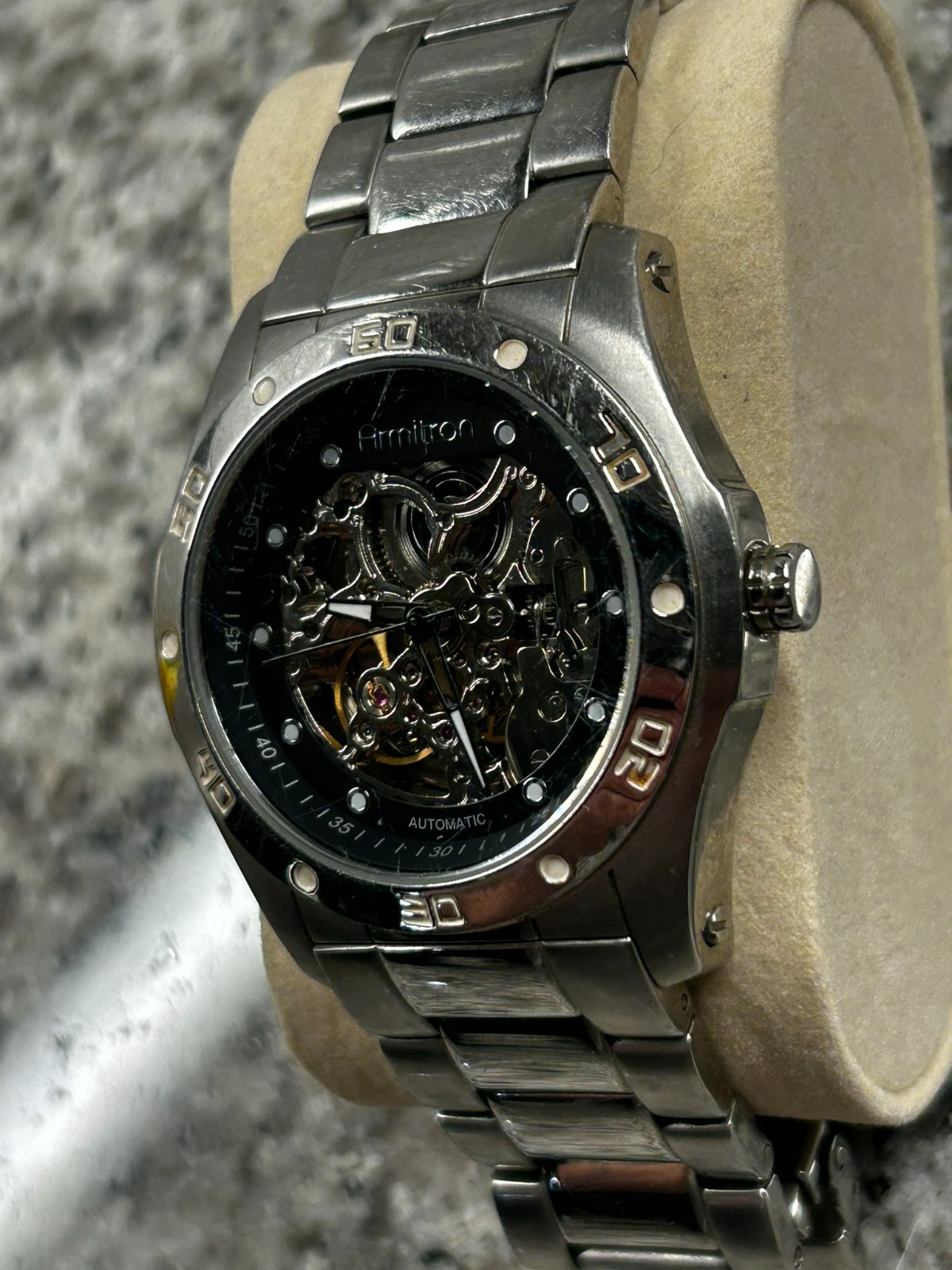 Armitron Automatic Skeleton Watch Stainless Steel Silver Black Dial 20 Jewels