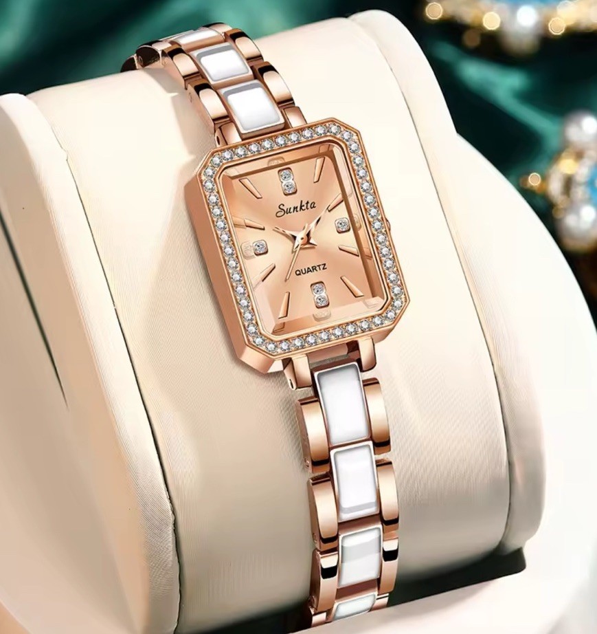 Sunkta Women’s Quartz Analog Rectangle Watch Gem-Set Bezel Rose Gold Bracelet