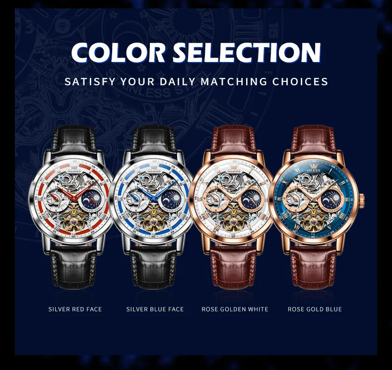 OLEVS Skeleton Self-Wind Automatic Mechanical Mens Watch Leather Band Moon Phase