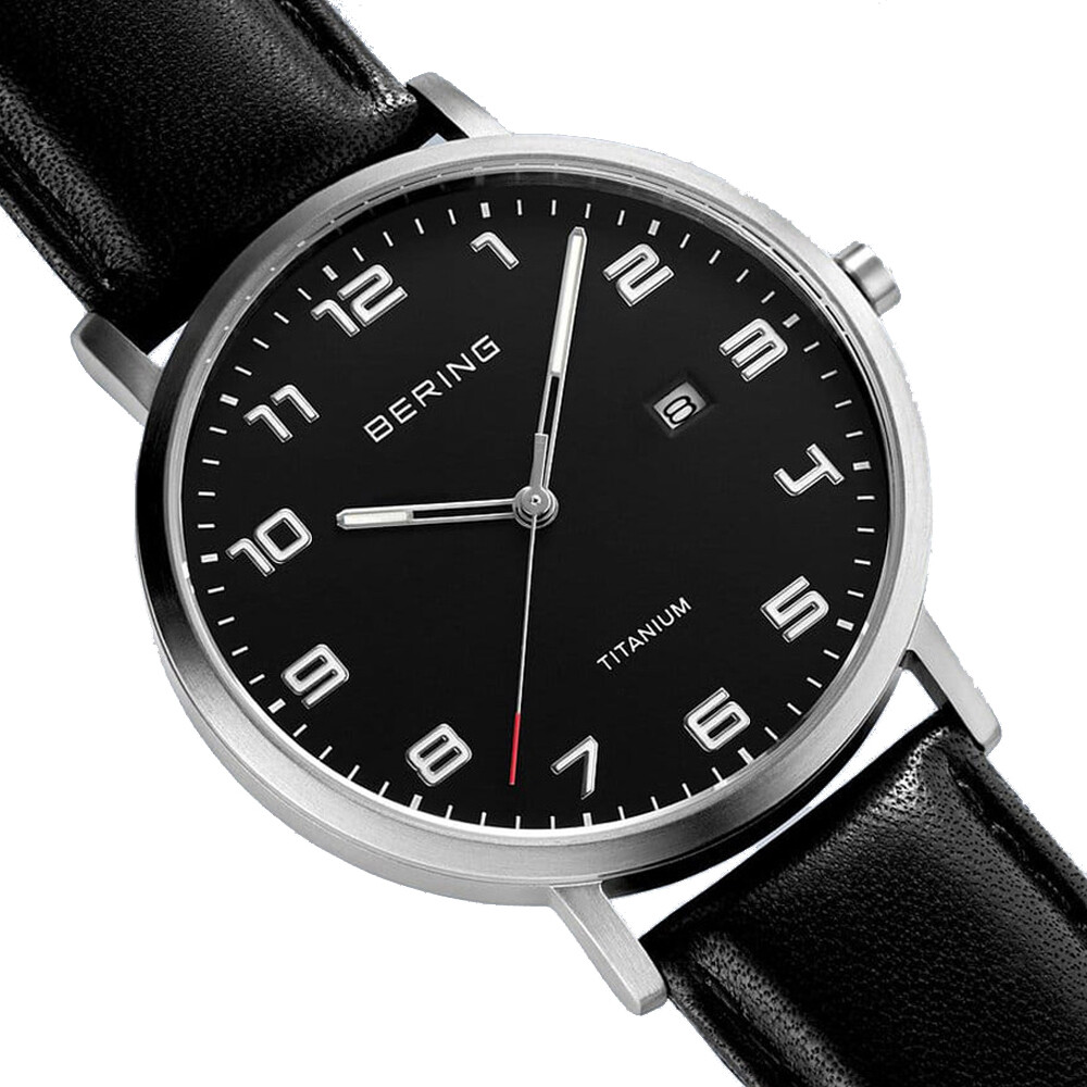 Bering Time Silver Titanium Case and Black Leather Strap Men’s Watch. 18640-402