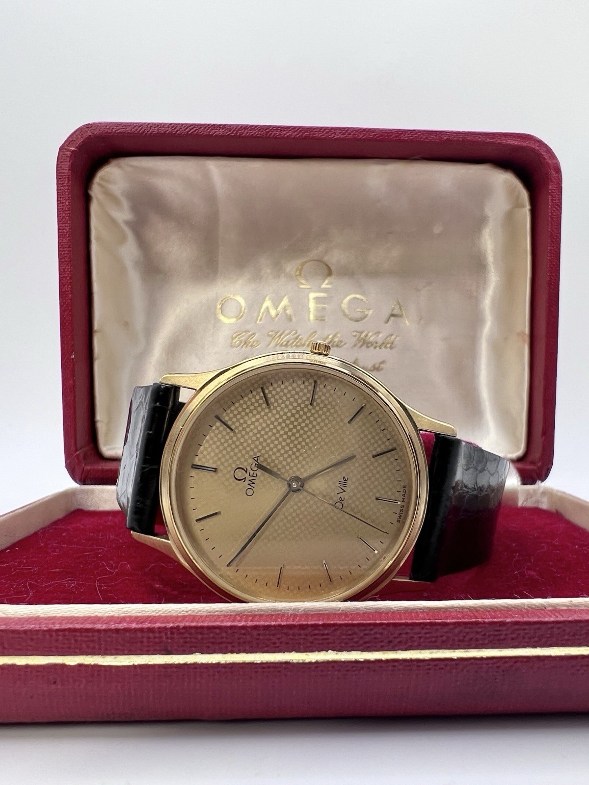 Vintage Rare Thin Omega Deville Gold Plated Guilloché Dial Men’s Watch With Box