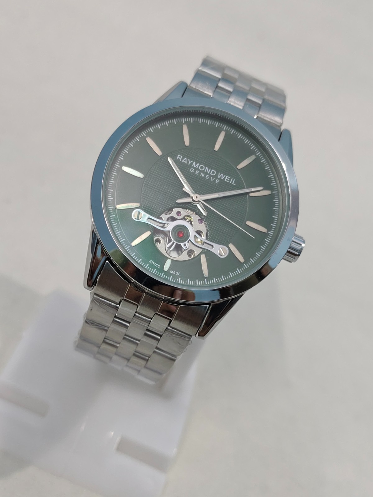 Luxury Raymond Weil Automatic Green Dial Transparent Back Swiss For Man Watch