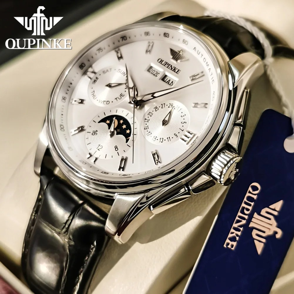 Automatic Mechanical Watch Waterproof Moon Phase Luxury Dial Men Men’s Strap