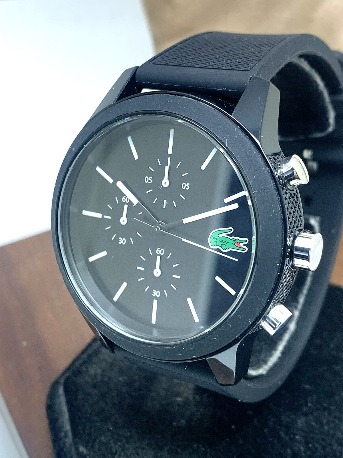 Lacoste Men’s Watch 2010972 Quartz Chronograph Black Dial Textured Rubber 44mm