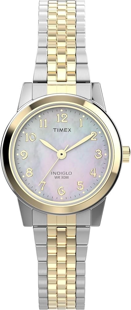 Timex TW2W35300, Mother of Pearl Dial, Women’s, 2-Tone Expansion, Indiglo, 25MM